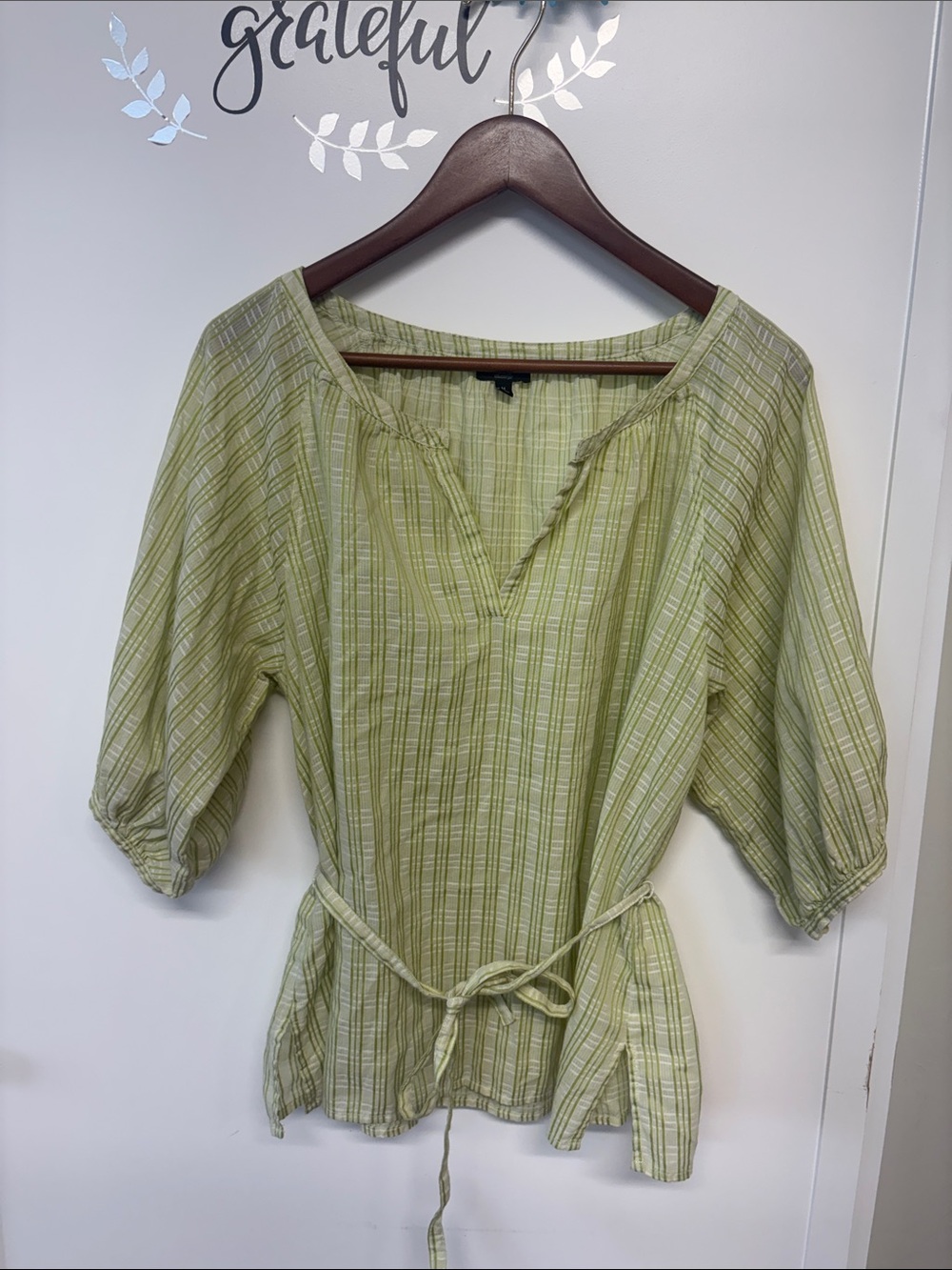 Talbots Light Green Striped Peasant Tunic with Tie Waist